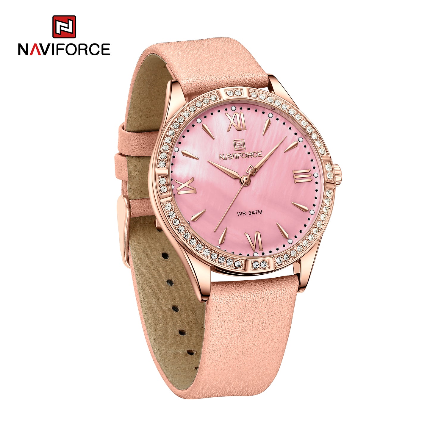 Naviforce 5038 Elevation Women Leather Watch - RoseGold Red