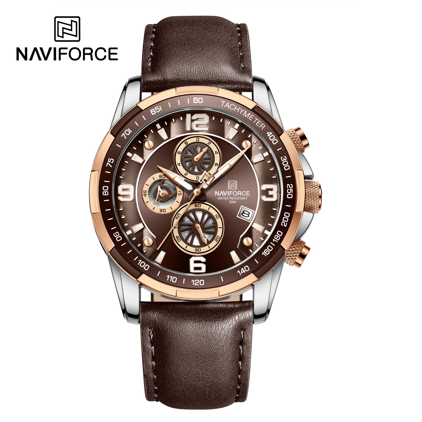 Naviforce 8020 Leather Quartz Chronograph Men Watch - Coffee-Brown