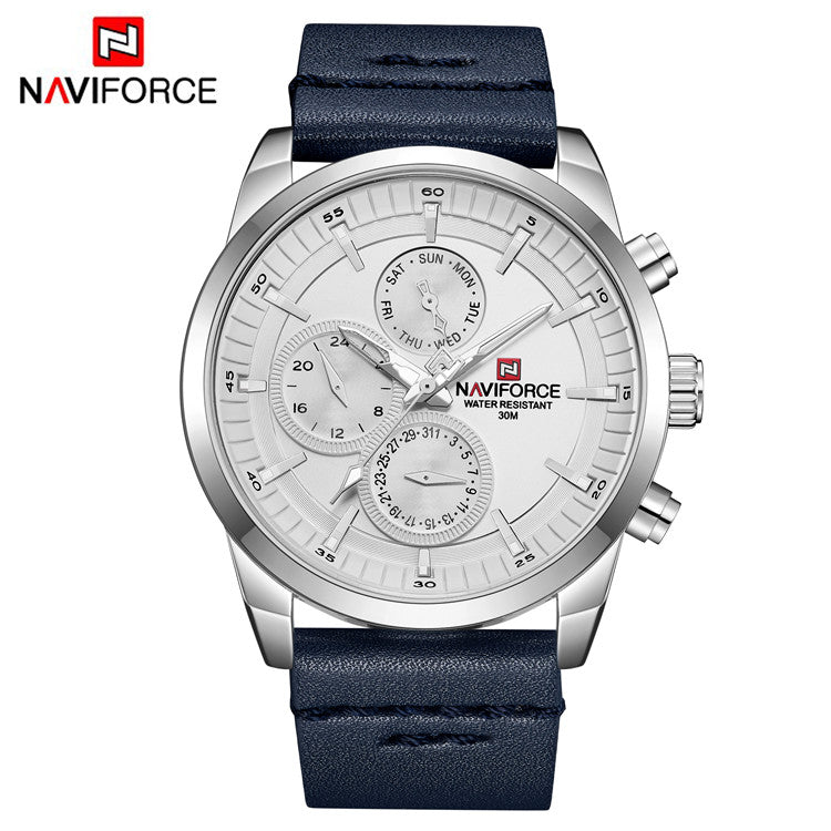 Naviforce 9148 Sentry Leather Business Watch - Blue Silver